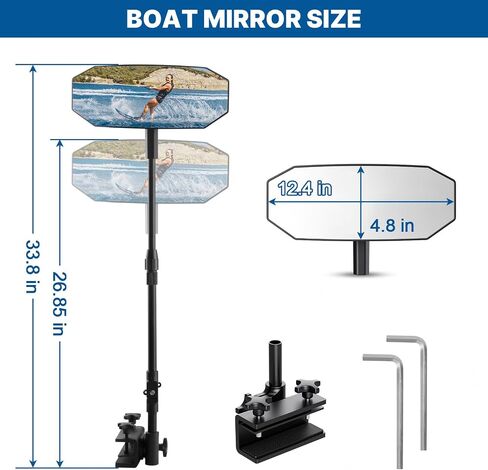 Pontoon Boat Mirror Rear View, Flag 4.8"x12.4" Large Convex Marine Mirror with Foldable Telescoping Pole, 360 Degree Adjustable Ball Joint, Quick Clamp On for Ski Boats & Pontoon Accessories in Kuwait