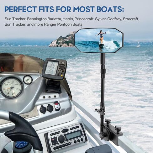 Pontoon Boat Mirror Rear View, Flag 4.8"x12.4" Large Convex Marine Mirror with Foldable Telescoping Pole, 360 Degree Adjustable Ball Joint, Quick Clamp On for Ski Boats & Pontoon Accessories in Kuwait