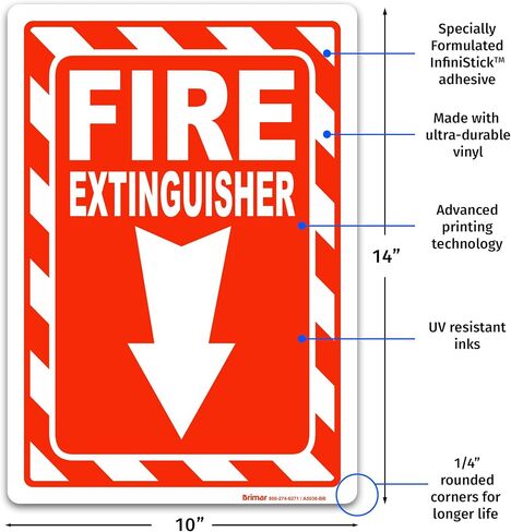 Brimar - 10" x 14" - Fire Extinguisher Sign - 3.5 Mil InfiniStick™ Vinyl Label - Easy Installation - Parking Regulation Compliance in Kuwait