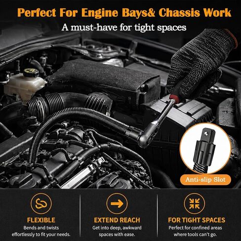 Flexible Shaft Extension Set with Gloves Included 360° Spring Steel Flexible Socket Adapter Universal Torque Rod for Tight Spaces Automotive Repair Ratchets & Hand Tools (1/2"×250mm & 1/2"×350mm ) in Kuwait