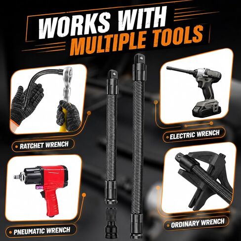 Flexible Shaft Extension Set with Gloves Included 360° Spring Steel Flexible Socket Adapter Universal Torque Rod for Tight Spaces Automotive Repair Ratchets & Hand Tools (1/2"×250mm & 1/2"×350mm ) in Kuwait
