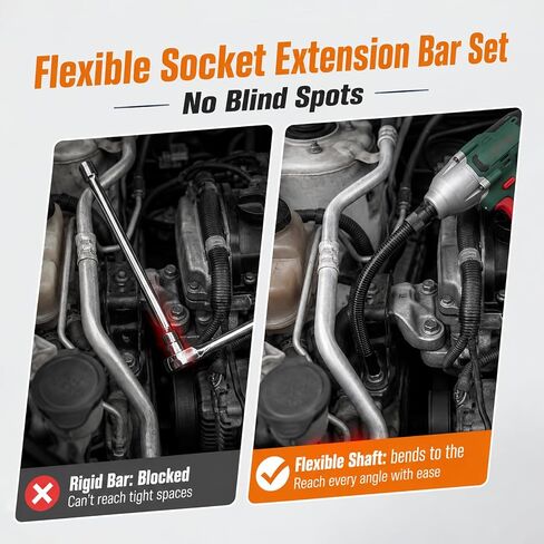 Flexible Shaft Extension Set with Gloves Included 360° Spring Steel Flexible Socket Adapter Universal Torque Rod for Tight Spaces Automotive Repair Ratchets & Hand Tools (1/2"×250mm & 1/2"×350mm ) in Kuwait