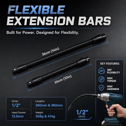 Flexible Shaft Extension Set with Gloves Included 360° Spring Steel Flexible Socket Adapter Universal Torque Rod for Tight Spaces Automotive Repair Ratchets & Hand Tools (1/2"×250mm & 1/2"×350mm ) in Kuwait