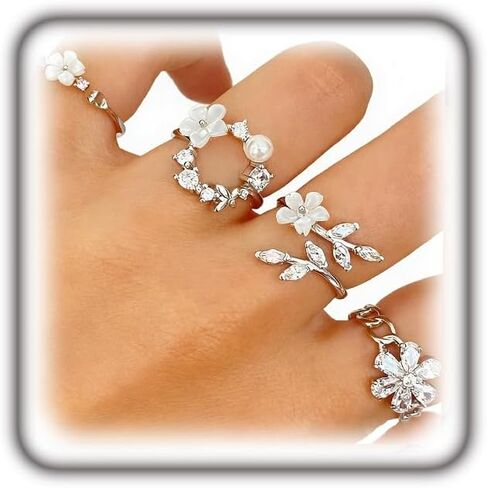 Silver Flower Rings for Women Stackable Cubic Zirconia Pearl Blossom knuckle Ring Set Rhinestone Leaf Floral Statement Rings Birthday Jewelry Presents in Kuwait