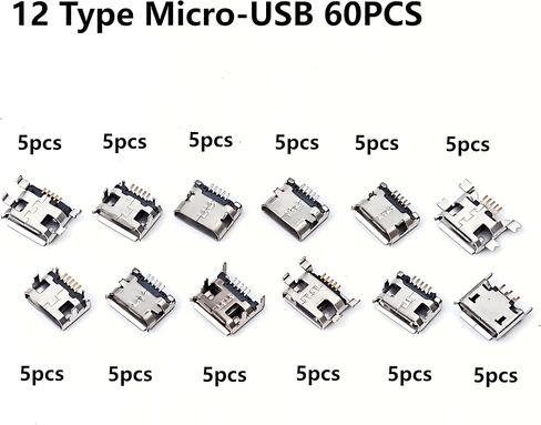 مجموعة مقابس أنثى Micro USB مكونة من 60 قطعة و12 نوعًا مع تدفق لحام، ومآخذ 5 دبابيس ومحولات USB لصيانة لحام لوحة دوائر ألعاب الهاتف المحمول (Solder Dip SMD SMT) in Kuwait