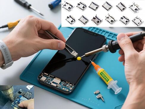 مجموعة مقابس أنثى Micro USB مكونة من 60 قطعة و12 نوعًا مع تدفق لحام، ومآخذ 5 دبابيس ومحولات USB لصيانة لحام لوحة دوائر ألعاب الهاتف المحمول (Solder Dip SMD SMT) in Kuwait