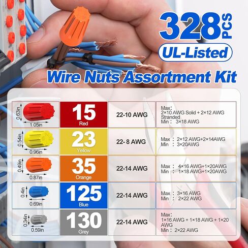 328Pcs UL Listed Wire Nuts Assortment Kit, Wire Nuts & Wire Caps Set, Twist-On Wire Nuts Connectors for Electrical Wiring, Color-Coded Connectors in Kuwait