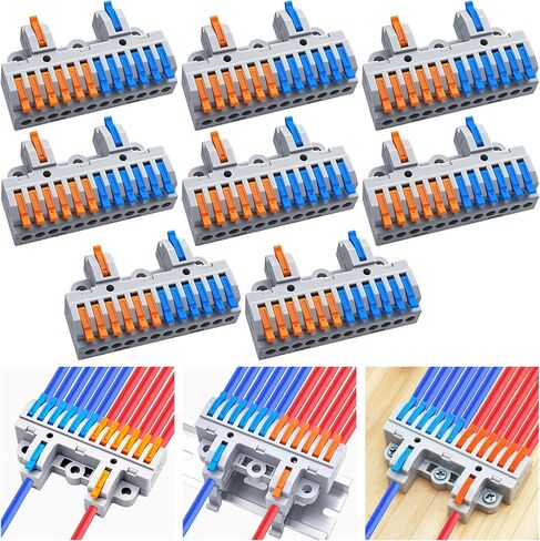 CESFONJER 2-in-12-out Terminal Block Kit (8 Sets), High Density Lever Wire Connectors, Dual Input to Twelve Output, DIN Rail & Screw Fix, for 28-12AWG Wire in Kuwait
