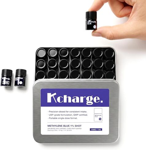 TICKTIME Kcharge Methyne Blue 1% جرعة، 30 قارورة جرعة واحدة، تركيبة سائلة 10 مجم/1 مل تم قياسها مسبقًا، علبة معدنية محمولة، لا حاجة إلى قطارة أو قياس in Kuwait