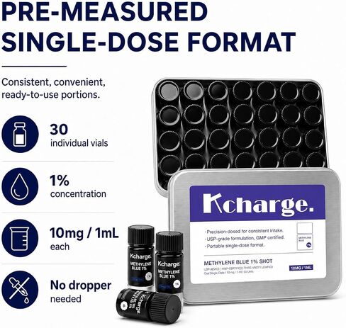 TICKTIME Kcharge Methyne Blue 1% جرعة، 30 قارورة جرعة واحدة، تركيبة سائلة 10 مجم/1 مل تم قياسها مسبقًا، علبة معدنية محمولة، لا حاجة إلى قطارة أو قياس in Kuwait
