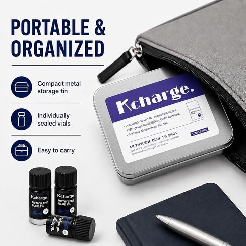 TICKTIME Kcharge Methyne Blue 1% جرعة، 30 قارورة جرعة واحدة، تركيبة سائلة 10 مجم/1 مل تم قياسها مسبقًا، علبة معدنية محمولة، لا حاجة إلى قطارة أو قياس in Kuwait