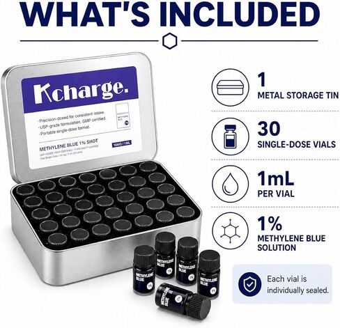TICKTIME Kcharge Methyne Blue 1% جرعة، 30 قارورة جرعة واحدة، تركيبة سائلة 10 مجم/1 مل تم قياسها مسبقًا، علبة معدنية محمولة، لا حاجة إلى قطارة أو قياس in Kuwait
