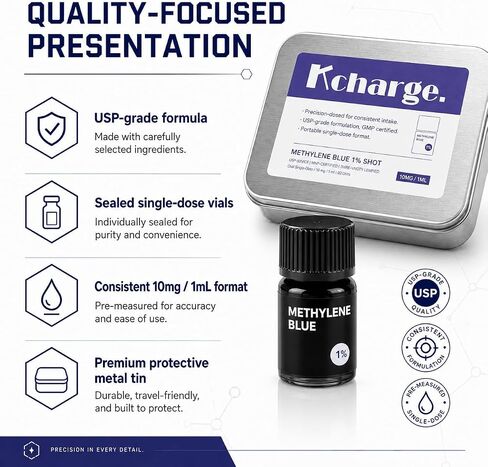 TICKTIME Kcharge Methyne Blue 1% جرعة، 30 قارورة جرعة واحدة، تركيبة سائلة 10 مجم/1 مل تم قياسها مسبقًا، علبة معدنية محمولة، لا حاجة إلى قطارة أو قياس in Kuwait