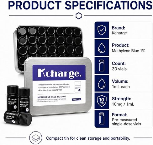 TICKTIME Kcharge Methyne Blue 1% جرعة، 30 قارورة جرعة واحدة، تركيبة سائلة 10 مجم/1 مل تم قياسها مسبقًا، علبة معدنية محمولة، لا حاجة إلى قطارة أو قياس in Kuwait