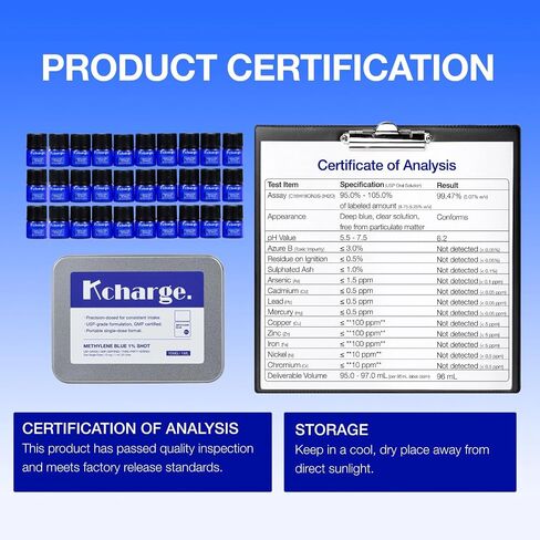 TICKTIME Kcharge Methyne Blue 1% جرعة، 30 قارورة جرعة واحدة، تركيبة سائلة 10 مجم/1 مل تم قياسها مسبقًا، علبة معدنية محمولة، لا حاجة إلى قطارة أو قياس in Kuwait