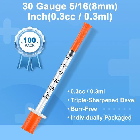 100 Pack 0.3ml/cc 30G 5/16" (8mm) Lab Liquid Measurement, Bold Markings for Accurate Dosing, Lab Supplies, Individually Packaging in Kuwait