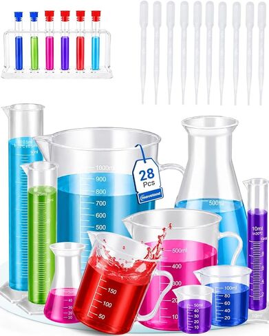 moveland 28 PCS Plastic Test Tubes and Beaker for Classroom and Lab Use | Thick plastic lab set – break-resistant & durable for repeated use. Ideal for school measurement or home color potion play. in Kuwait