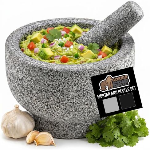 GORILLA GRIP 100% Natural Granite Stone Mortar and Pestle Set, 2 Cup, Non-Scratch Base, Heavy Duty Unpolished Molcajete Guacamole Salsa Bowl, Grind Seeds, Herbs, Pills, Kitchen Lab Muddler, Gray in Kuwait