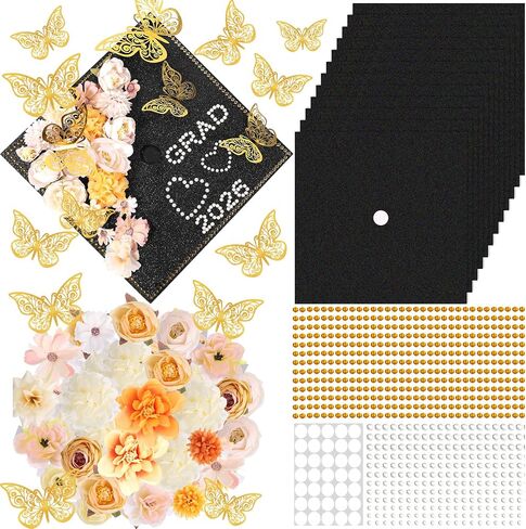 51 PCS DIY Graduation Grad Cap Decoration Kit - 12 Cream Construction Paper with Artificial Flower Heads 3D Butterfly Pearl Adhesive Dots Rhinestone Stickers for DIY Grad Hat Topper (Light Purple) in Kuwait