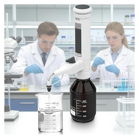 Laboratory Bottle Dispenser – 0.5-60ml Capacity, Double Valve, Gear Adjustment, 5 Thread Adapters, Scale Display for Research(2-10ml) in Kuwait