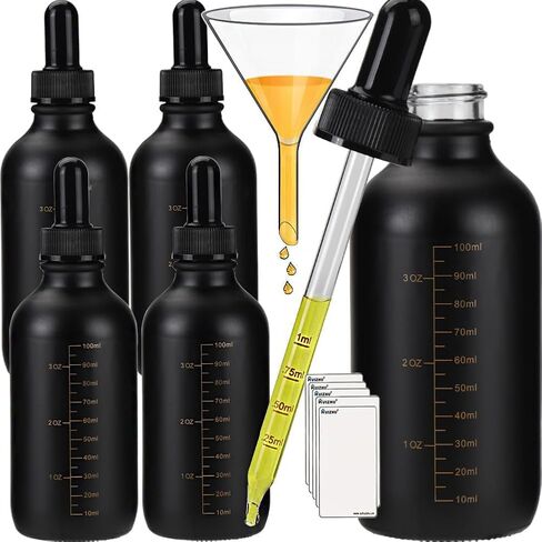 5pcs 120ML Black Leakproof Glass Dropper Bottles | Capacity Scale, Glass Funnel Included, Droppers Included, Silicone Nipple with Strong Suction, For Tinctures & Liquids in Kuwait