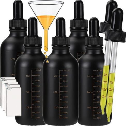 5pcs 120ML Black Leakproof Glass Dropper Bottles | Capacity Scale, Glass Funnel Included, Droppers Included, Silicone Nipple with Strong Suction, For Tinctures & Liquids in Kuwait