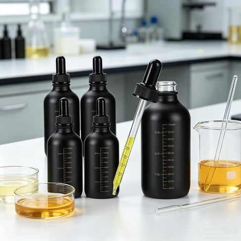 5pcs 120ML Black Leakproof Glass Dropper Bottles | Capacity Scale, Glass Funnel Included, Droppers Included, Silicone Nipple with Strong Suction, For Tinctures & Liquids in Kuwait