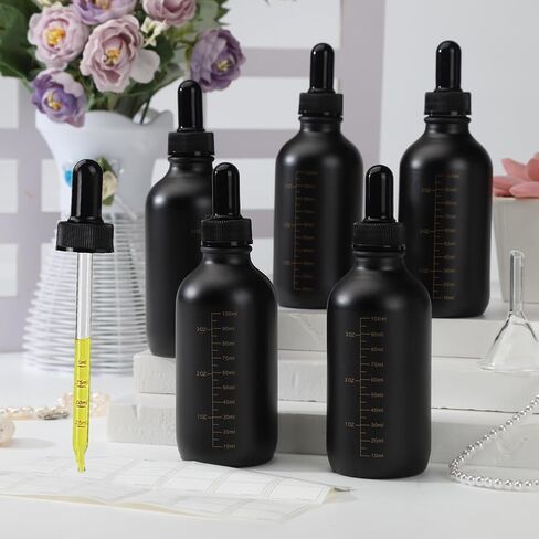 5pcs 120ML Black Leakproof Glass Dropper Bottles | Capacity Scale, Glass Funnel Included, Droppers Included, Silicone Nipple with Strong Suction, For Tinctures & Liquids in Kuwait