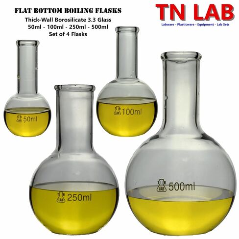 TN Lab Flat Bottom Boiling Flask 4-Piece Set 50-100-250-500ml Borosilicate Glass Florence Flasks in Kuwait