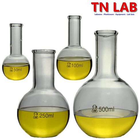 TN Lab Flat Bottom Boiling Flask 4-Piece Set 50-100-250-500ml Borosilicate Glass Florence Flasks in Kuwait