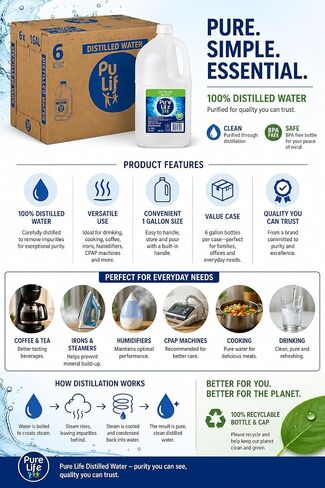Distilled Water 1 Gallon 6 Pack – Pure Distilled Bottled Water Gallon Jugs | Multi-Purpose Mineral-Free WaterGift set for Humidifiers, Appliances & Cleaning | Bulk WaterGallon Case, Long Shelf Life in Kuwait