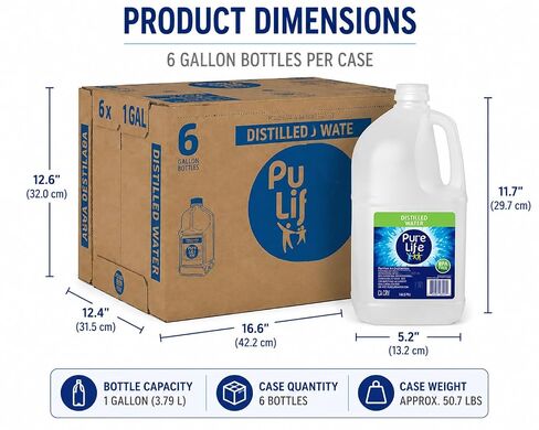 Distilled Water 1 Gallon 6 Pack – Pure Distilled Bottled Water Gallon Jugs | Multi-Purpose Mineral-Free WaterGift set for Humidifiers, Appliances & Cleaning | Bulk WaterGallon Case, Long Shelf Life in Kuwait