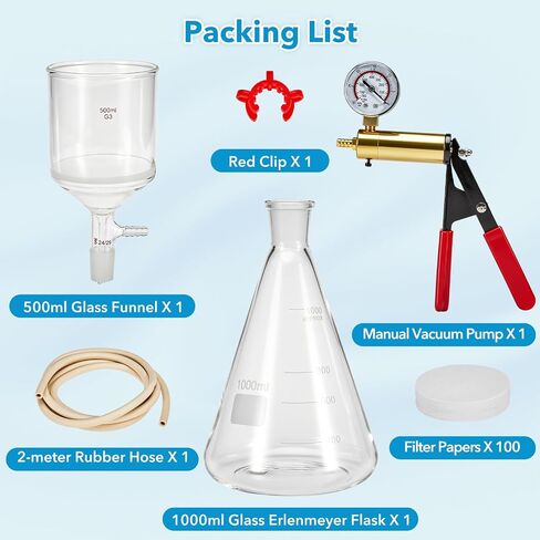 Buchner Funnel Filtration Kit with Manual Vacuum Pump, 500ml Funnel & 1000ml Erlenmeyer Flask, 100 Pcs Filter Papers in Kuwait