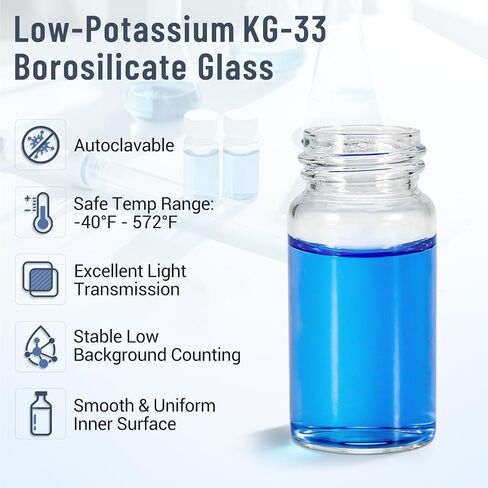 20 mL Borosilicate Glass Sample Vials, 100 PCS Liquid Scintillation Vials, 22-400 Polypropylene Screw Caps with Aluminum Foil Liner, for Lab School in Kuwait