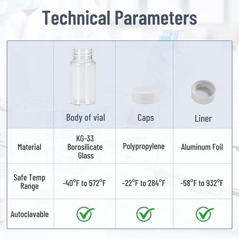 20 mL Borosilicate Glass Sample Vials, 100 PCS Liquid Scintillation Vials, 22-400 Polypropylene Screw Caps with Aluminum Foil Liner, for Lab School in Kuwait