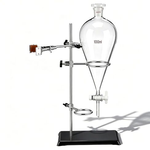 Tellegloww 1000ml Heavy Wall Glass Conical Separating Funnel with 24/29 Fitting and PTFE Stopcock and Laboratory Distillation Support Rack for Titration Extraction, Laboratory Projects in Kuwait
