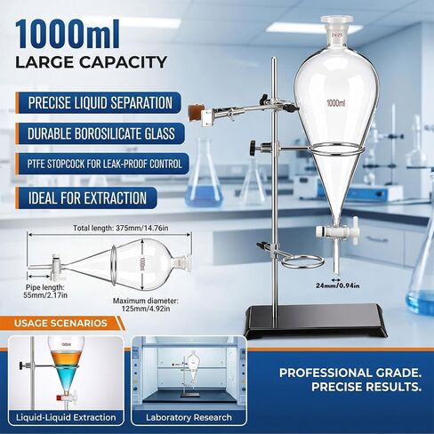 Tellegloww 1000ml Heavy Wall Glass Conical Separating Funnel with 24/29 Fitting and PTFE Stopcock and Laboratory Distillation Support Rack for Titration Extraction, Laboratory Projects in Kuwait