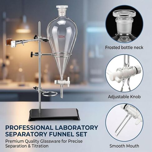 Tellegloww 1000ml Heavy Wall Glass Conical Separating Funnel with 24/29 Fitting and PTFE Stopcock and Laboratory Distillation Support Rack for Titration Extraction, Laboratory Projects in Kuwait