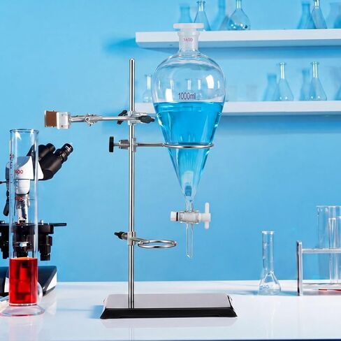Tellegloww 1000ml Heavy Wall Glass Conical Separating Funnel with 24/29 Fitting and PTFE Stopcock and Laboratory Distillation Support Rack for Titration Extraction, Laboratory Projects in Kuwait