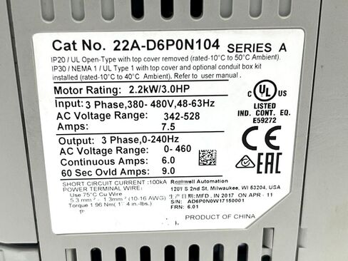 22A-D6P0N104 AC Drive 22AD6P0N104 AC Drive 480V 2.2KW VFD Sealed in Box One Year Warranty in Kuwait