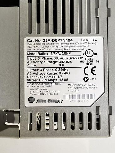 22A-D8P7N104 AC Drive 480V 3.7KW VFD 22AD8P7N104Sealed in Box 1 Year Warranty Fast in Kuwait
