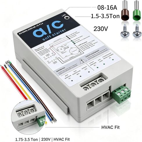 AC Soft Start Kit 08-16A for 1.75-3.5 Ton 230V HVAC Air Conditioner, Reduce Startup Current by 70% with Reverse Motor Protection, Quiet Start Soft Starter Module for Home, RV, Camper in Saudi Arabia