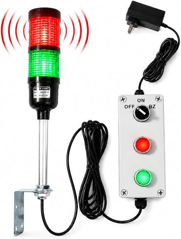 2-Stack Industrial Lighthouse Signal Lights Buzzer On Off/Flash Red/Green Suitable Workstations Power Adapter 10 ft & 16 ft Extension Cord IP65 Rated Plug Play IP65 Waterproof in Kuwait
