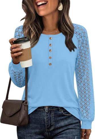 Minetom Womens Long Sleeve Shirts Lace Henley Tops Dressy Casual Blouses Fall Fashion Clothes in Kuwait