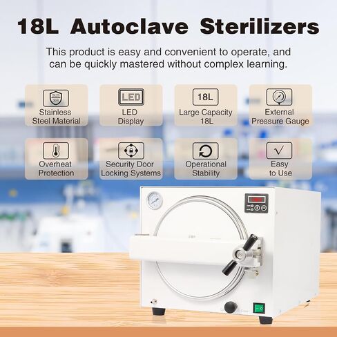 18L Autoclave Sterilizers Lab Autoclave Machine, 1100W Sterilizer Autoclave for Tools, 110V High Temperature Steam Sterilizer with LED Digital Display & Overheat Protection Etc in Kuwait