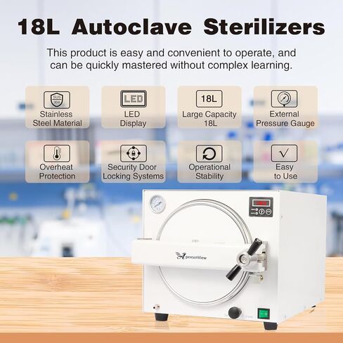 New Upgrade 18L Autoclave Sterilizers Lab Autoclave Machine, 1100W Sterilizer Autoclave for Tools, 110V High Temperature Steam Sterilizer with LED Digital Display & Overheat Protection Etc. (White) in Kuwait