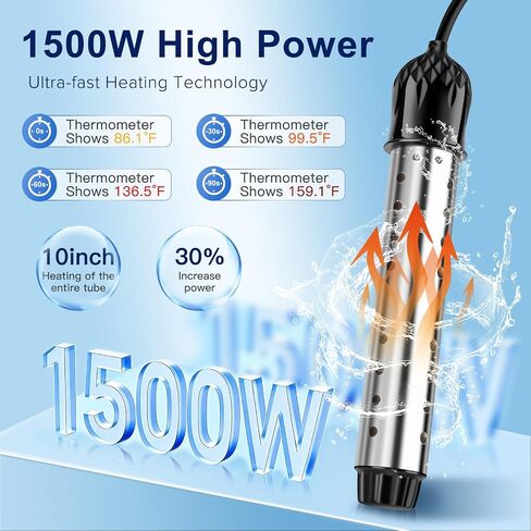 1500W Immersion Water Heater with Digital Thermometer, Portable Bucket Heater with Auto Shut-Off & 304 Stainless Steel Guard, Rapid Heating for Inflatable Pool, Bathtub & Home Use in Kuwait