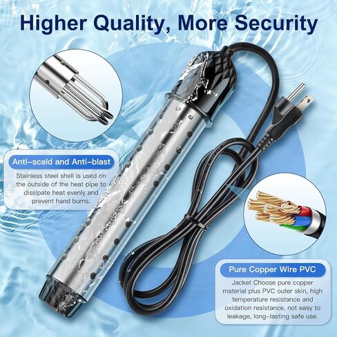 1500W Immersion Water Heater with Digital Thermometer, Portable Bucket Heater with Auto Shut-Off & 304 Stainless Steel Guard, Rapid Heating for Inflatable Pool, Bathtub & Home Use in Kuwait