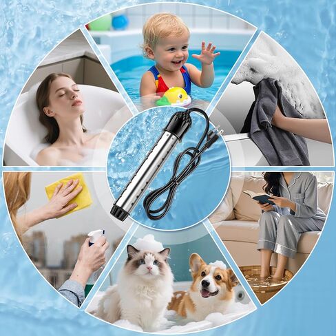 1500W Immersion Water Heater with Digital Thermometer, Portable Bucket Heater with Auto Shut-Off & 304 Stainless Steel Guard, Rapid Heating for Inflatable Pool, Bathtub & Home Use in Kuwait