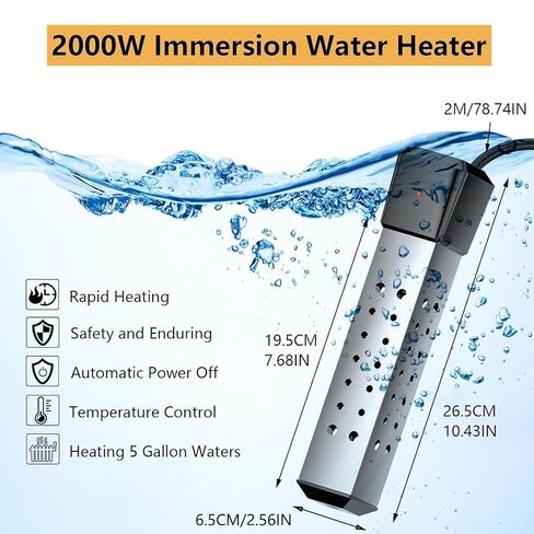 2000W Pool Heater for Inflatable Above Ground Swimming Pool, Immersion Water Heater for Bathtub with Thermostat, Submersible Electric Water Heater, Portable Bucket Heater with 304 Stainless Guard in Kuwait